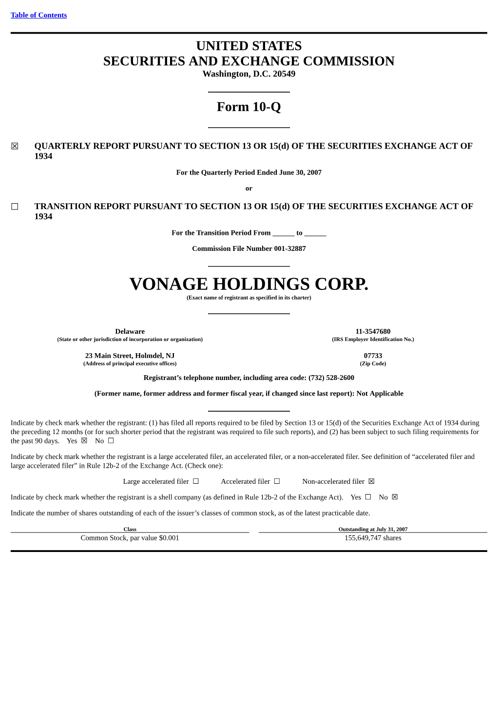 VONAGE HOLDINGS CORP. (Exact Name of Registrant As Specified in Its Charter)