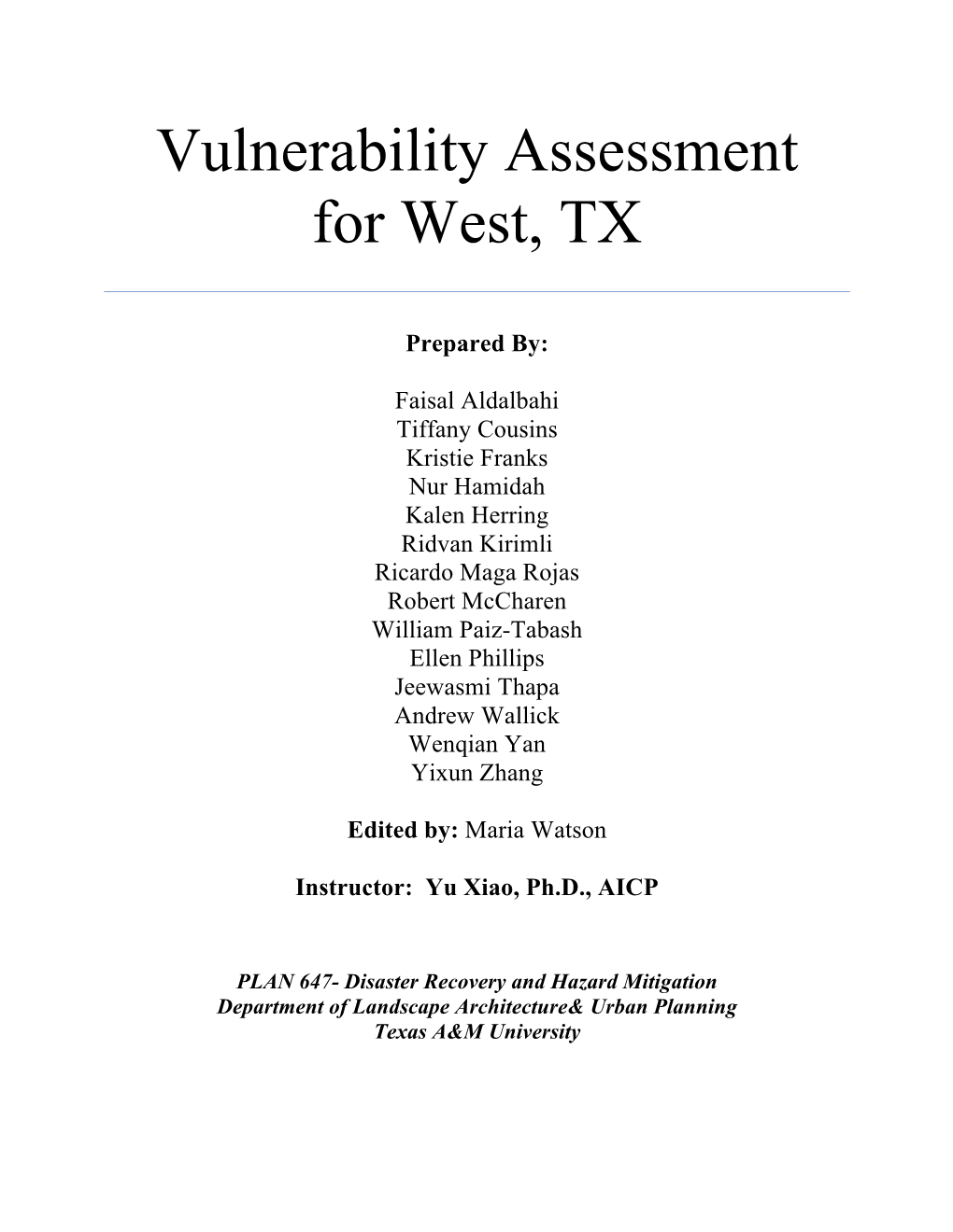 Vulnerability Assessment for West, TX