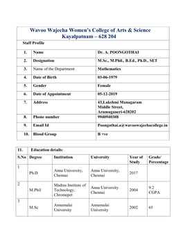 Dr. A. Poongothai, M.Sc., M.Phil.,Ph.D