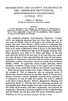 DISTRIBUTION and SALINITY TOLERANCE in the AMPHIURID BRITTLESTAR, OPHIOPHRAGMUS FILOGRANEUS (LYMAN, 187Sr