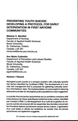 Preventing Youth Suicide: Developing a Protocol for Early Intervention in First Nations Communities