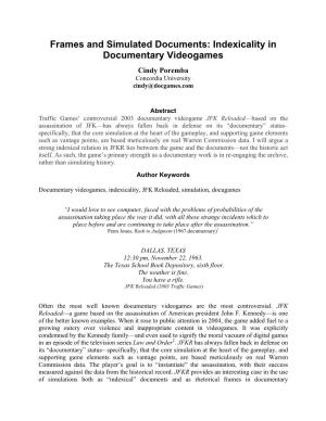 Frames and Simulated Documents: Indexicality in Documentary Videogames