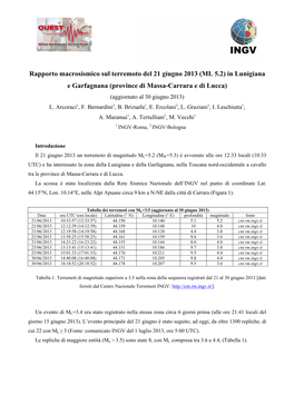 Rapporto Macrosismico Sul Terremoto Del 21 Giugno 2013 (ML 5.2) in Lunigiana E Garfagnana (Province Di Massa-Carrara E Di Lucca) (Aggiornato Al 30 Giugno 2013) L