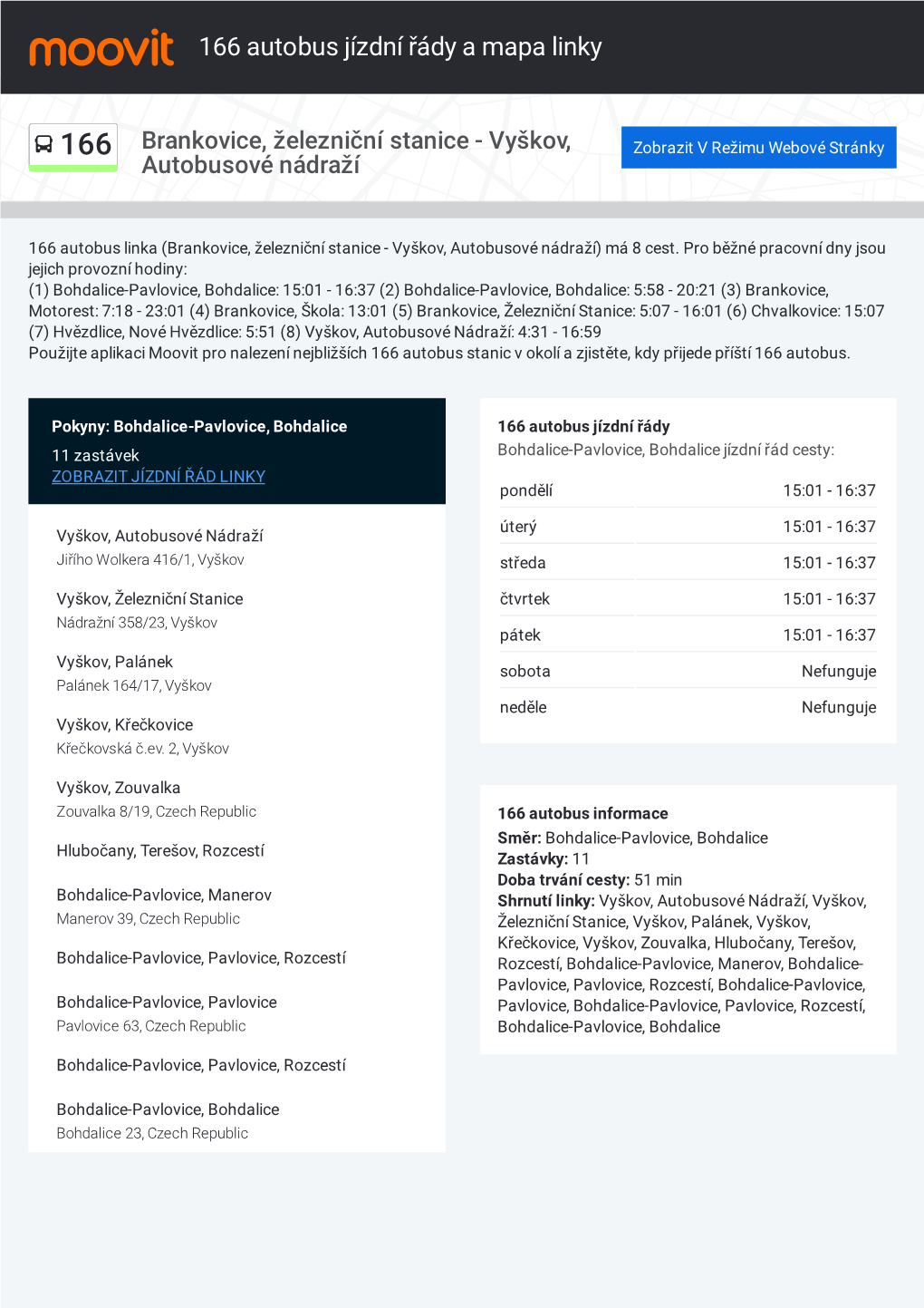 166 Autobus Jízdní Řády a Mapa Cesty Linky