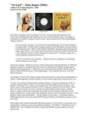At Last”—Etta James (1961) Added to the National Registry: 2008 Essay by Cary O’Dell