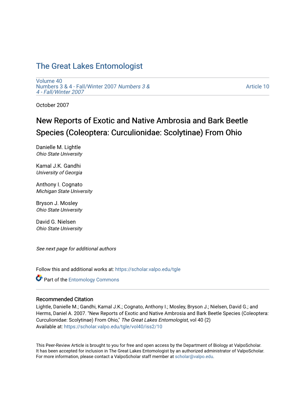 New Reports of Exotic and Native Ambrosia and Bark Beetle Species (Coleoptera: Curculionidae: Scolytinae) from Ohio