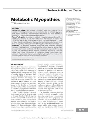 Metabolic Myopathies of Texas Health Science Center San Antonio, 8300 Floyd Curl Alejandro Tobon, MD Drive, San Antonio, TX, 78229, Tobon@Uthscsa.Edu