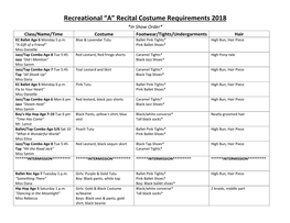 Recital Costume Requirements 2018 *In Show Order* Class/Name/Time Costume Footwear/Tights/Undergarments Hair EC Ballet Age 6 Monday 5 P.M