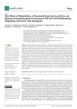 The Effect of Hispidulin, a Flavonoid from Salvia Plebeia, on Human Nasopharyngeal Carcinoma CNE-2Z Cell Proliferation, Migration, Invasion, and Apoptosis