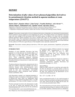 REPORT Determination of Pka Values of New Phenacyl-Piperidine Derivatives by Potentiometric Titration Method in Aqueous Medium