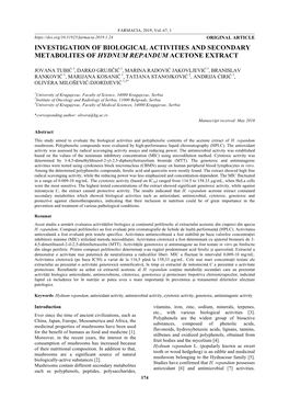 Investigation of Biological Activities and Secondary Metabolites of Hydnum Repandum Acetone Extract