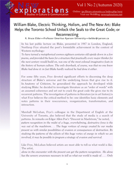 William Blake, Electric Thinking, Holism, and the New Art: Blake Helps the Toronto School Unlock the Seals to the Great Code; Or Reconnecting R
