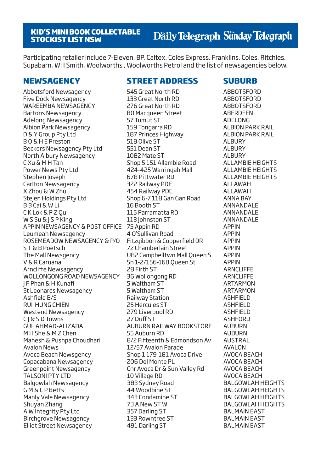 Newsagency Street Address Suburb