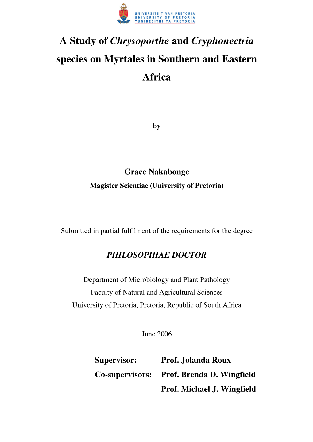 A Study of Chrysoporthe and Cryphonectria Species on Myrtales in Southern and Eastern Africa