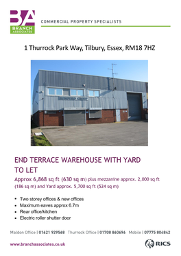 1 Thurrock Park Way, Tilbury, Essex, RM18 7HZ END TERRACE
