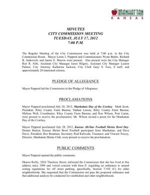Minutes City Commission Meeting Tuesday, July 17, 2012 7:00 P.M