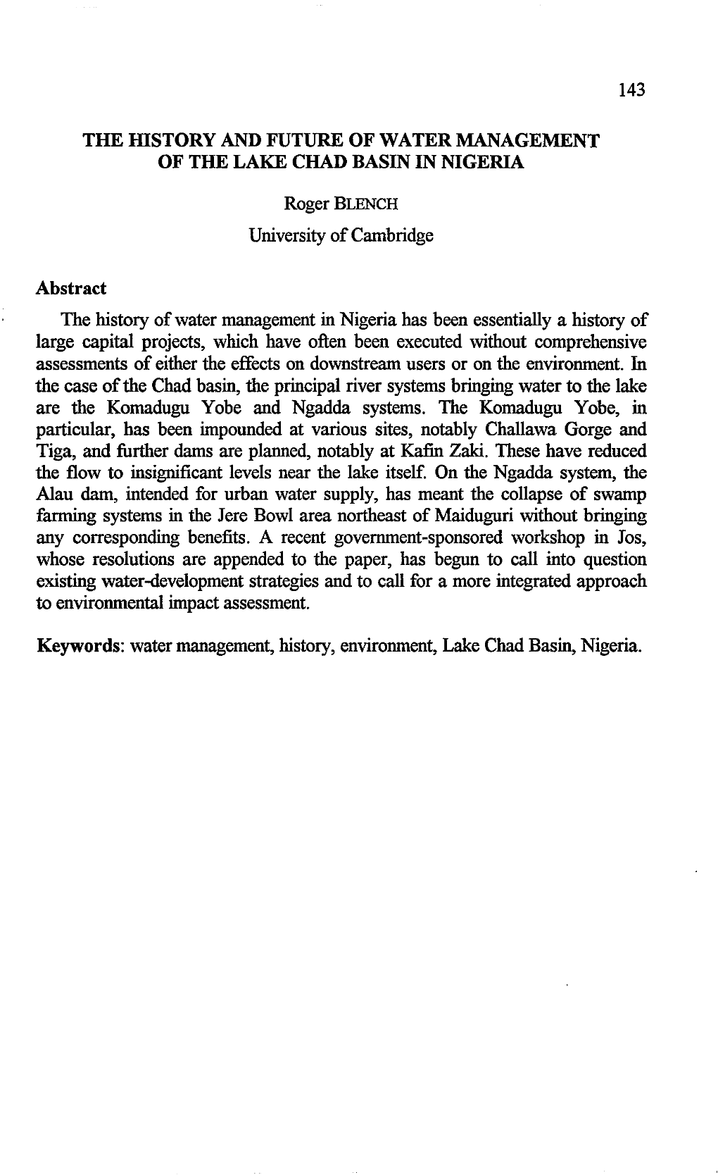 The History and Future of Water Management of the Lake Chad Basin in Nigeria