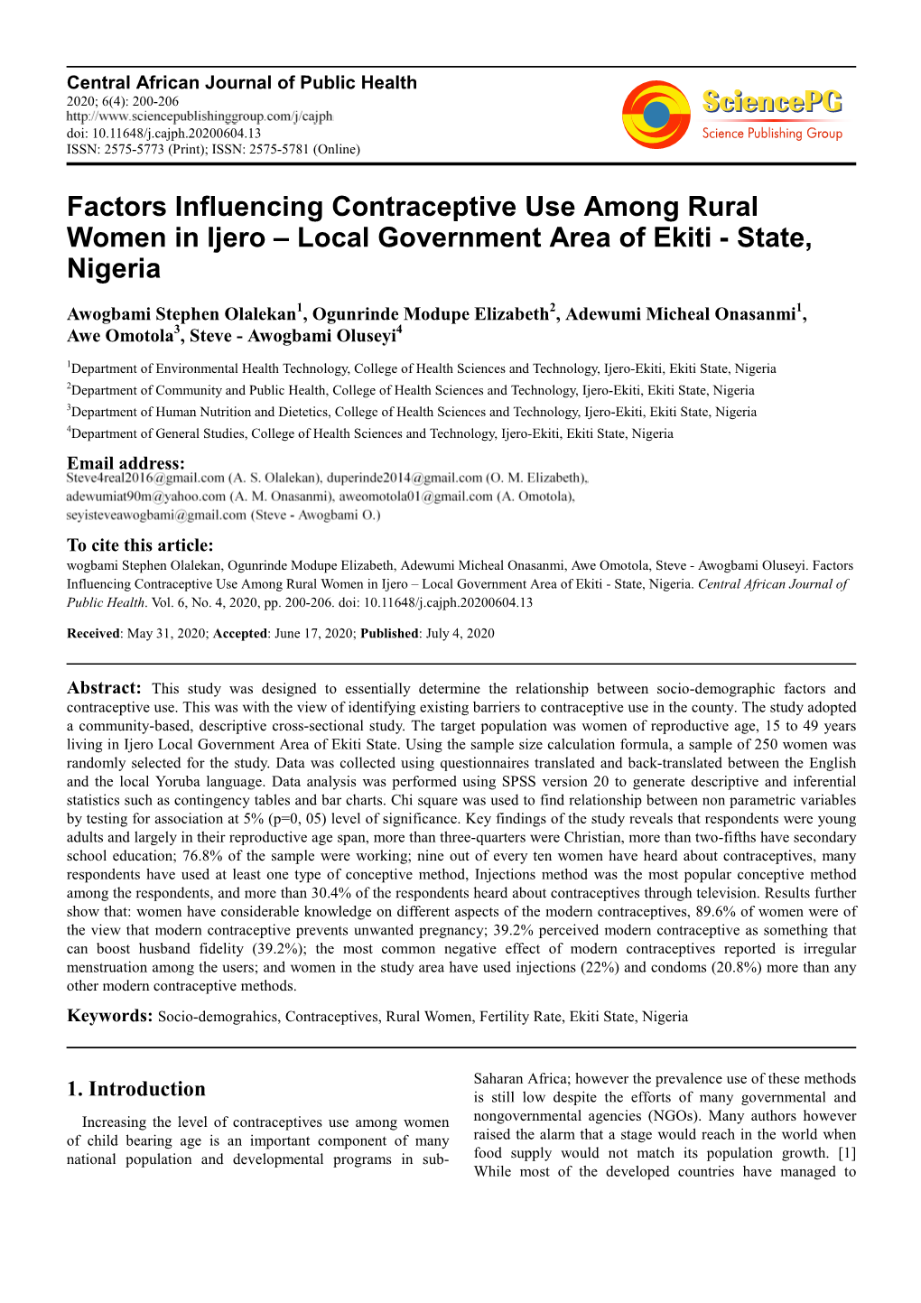 Factors Influencing Contraceptive Use Among Rural Women in Ijero – Local Government Area of Ekiti - State, Nigeria