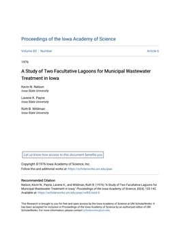 A Study of Two Facultative Lagoons for Municipal Wastewater Treatment in Iowa