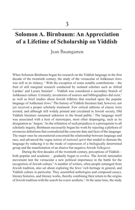 Solomon A. Birnbaum: an Appreciation of a Lifetime of Scholarship on Yiddish1 Jean Baumgarten