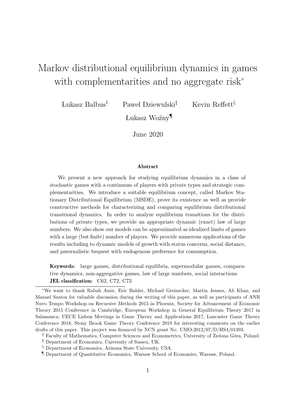 Markov Distributional Equilibrium Dynamics in Games with Complementarities and No Aggregate Risk*