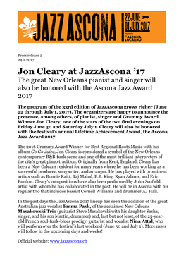 Jon Cleary at Jazzascona ’17 the Great New Orleans Pianist and Singer Will Also Be Honored with the Ascona Jazz Award 2017
