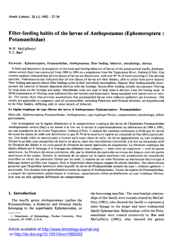 Filter-Feeding Habits of the Larvae of Anthopotamus \(Ephemeroptera