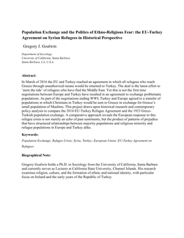 Population Exchange and the Politics of Ethno-Religious Fear: the EU-Turkey Agreement on Syrian Refugees in Historical Perspective Gregory J