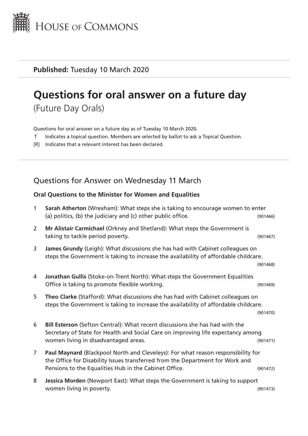 Future Oral Questions As of Tue 10 Mar 2020
