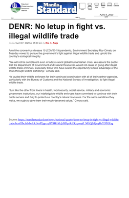 No Letup in Fight Vs. Illegal Wildlife Trade Posted April 07, 2020 at 05:40 Pm by Rio N