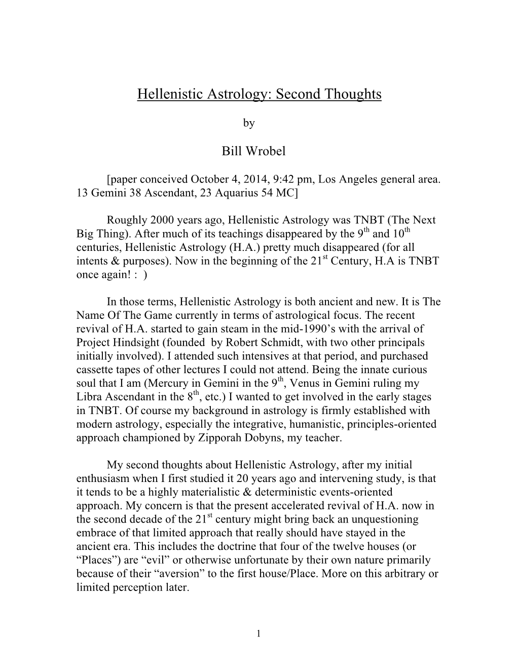 Hellenistic Astrology: Second Thoughts