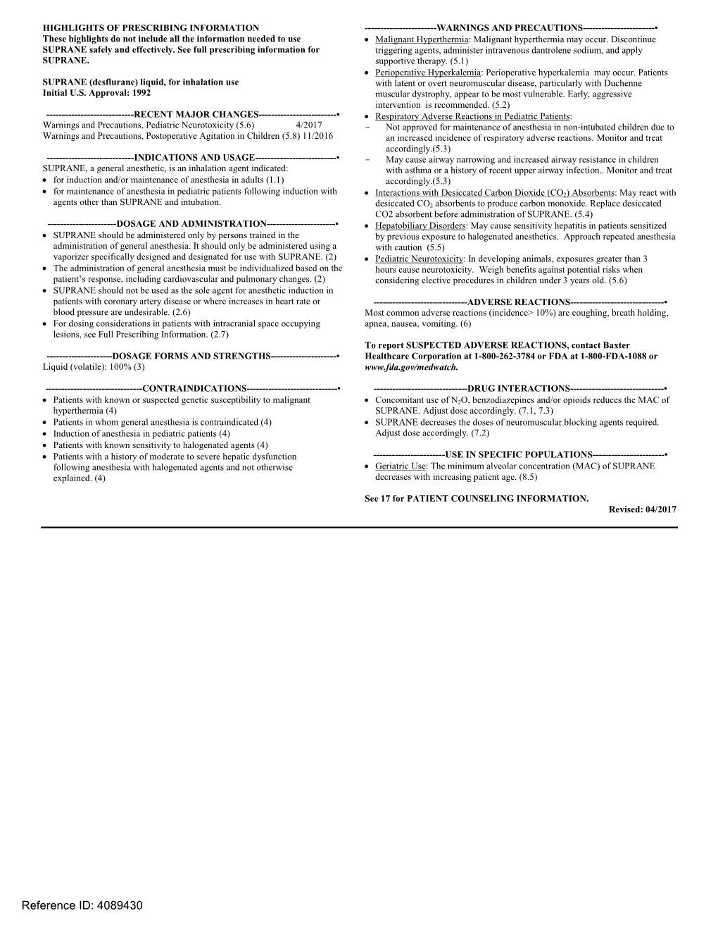 SUPRANE (Desflurane) Liquid, for Inhalation Use with Latent Or Overt Neuromuscular Disease, Particularly with Duchenne Initial U.S