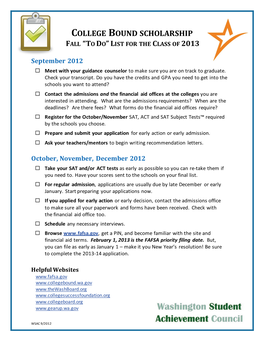 College Bound Scholarship Fall “To Do” List for the Class of 2013