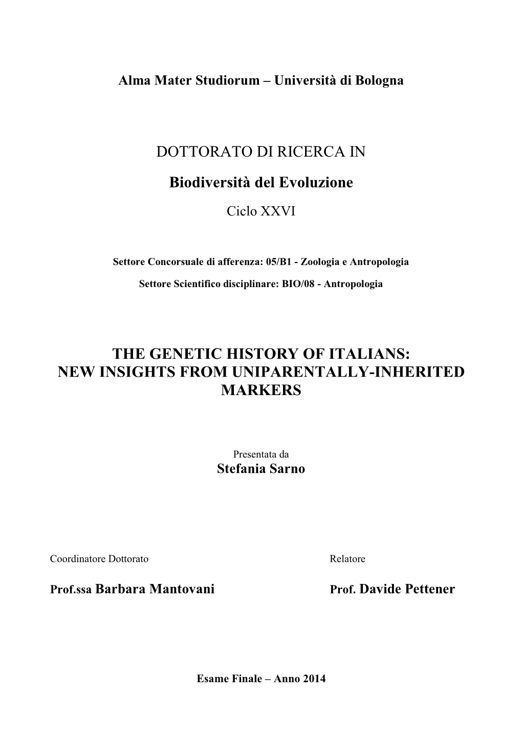 Facsimile Del Frontespizio Della Tesi Di Dottorato