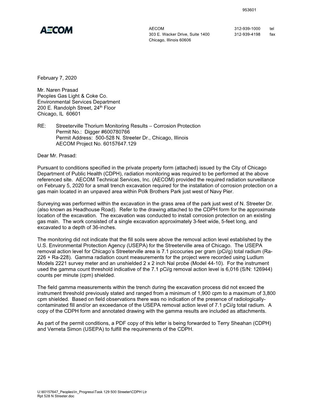 Aecom Letter Re: Streeterville Thorium