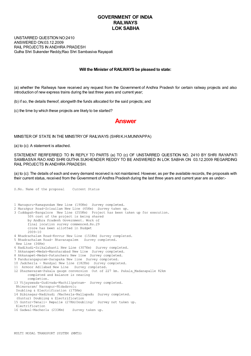 ANSWERED ON:03.12.2009 RAIL PROJECTS in ANDHRA PRADESH Gutha Shri Sukender Reddy;Rao Shri Sambasiva Rayapati