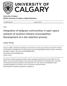 Integration of Tallgrass Communities in Open Space Systems of Southern Ontario Municipalities: Development of a Site Selection Process