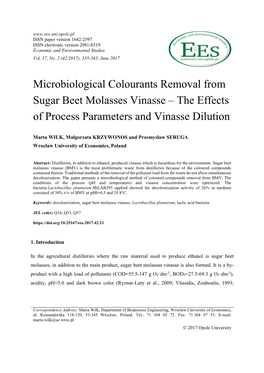 Microbiological Colourants Removal from Sugar Beet Molasses Vinasse – the Effects of Process Parameters and Vinasse Dilution