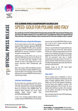Offic Ial Press Relea Se Speed: Gold for Poland and Italy