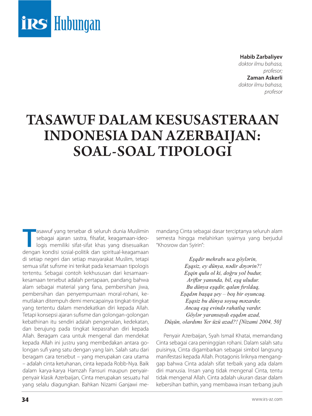 Tasawuf Dalam KesusasteAn Indonesia Dan Azerbaijan: Soal-Soal Tipologi
