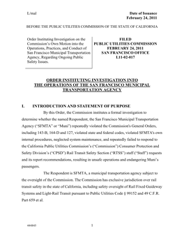 Order Instituting Investigation Into the Operations of the San Francisco Municipal Transportation Agency