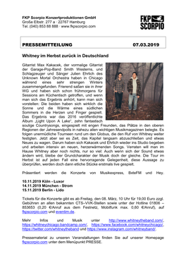 PRESSEMITTEILUNG 07.03.2019 Whitney Im Herbst Zurück In