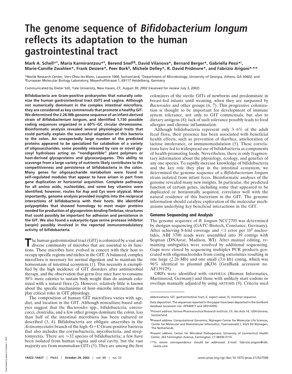 The Genome Sequence of Bifidobacterium Longum Reflects Its Adaptation to the Human Gastrointestinal Tract