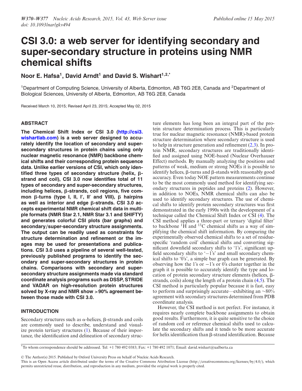 CSI 3.0: a Web Server for Identifying Secondary and Super-Secondary Structure in Proteins Using NMR Chemical Shifts Noor E