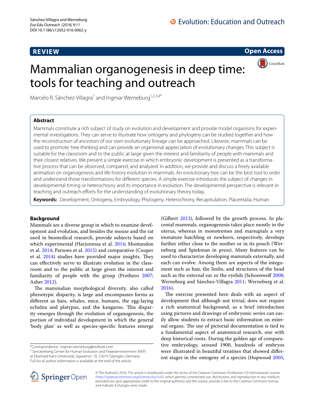 Mammalian Organogenesis in Deep Time: Tools for Teaching and Outreach Marcelo R