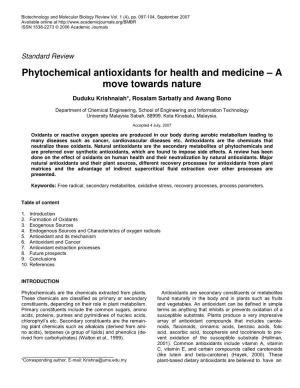 Phytochemical Antioxidants for Health and Medicine – a Move Towards Nature