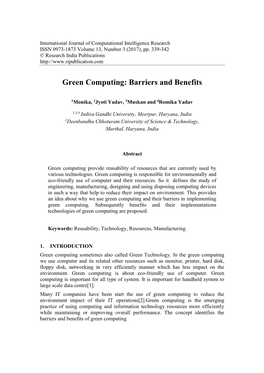 Green Computing: Barriers and Benefits
