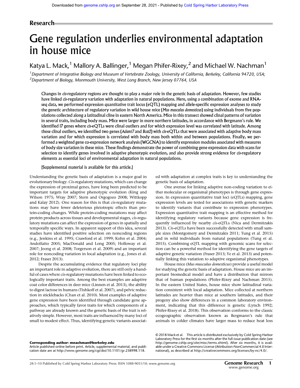 Gene Regulation Underlies Environmental Adaptation in House Mice