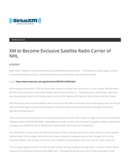 XM to Become Exclusive Satellite Radio Carrier of NHL