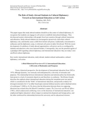 The Role of Study-Abroad Students in Cultural Diplomacy: Toward an International Education As Soft Action Madalina Akli, Ph.D
